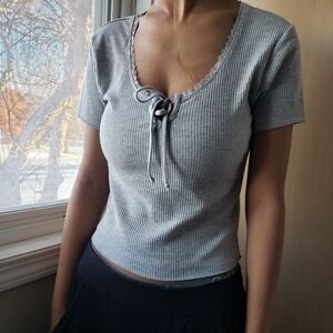 POOF New York Gray Ribbed V-Neck Top